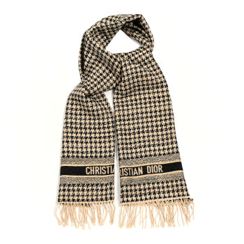  CHRISTIAN DIOR Wool Silk Houndstooth Fringe Scarf Beige Black