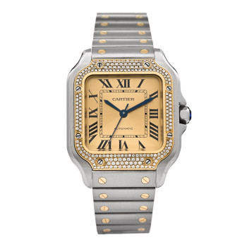 Cartier Stainless Steel 18K Yellow Gold Diamond Pave Bezel 35mm Santos de Cartier Automatic Watch