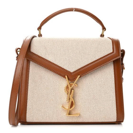 SAINT LAURENT Canvas Calfskin Mini Classic Monogram Cassandra Top Handle Tan Natural