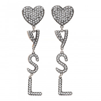 Saint Laurent heart and YSL logo drop earrings in silver tone with crystals