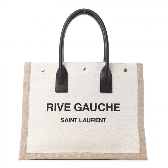 SAINT LAURENT Linen Calfskin Small Rive Gauche Tote Optic White