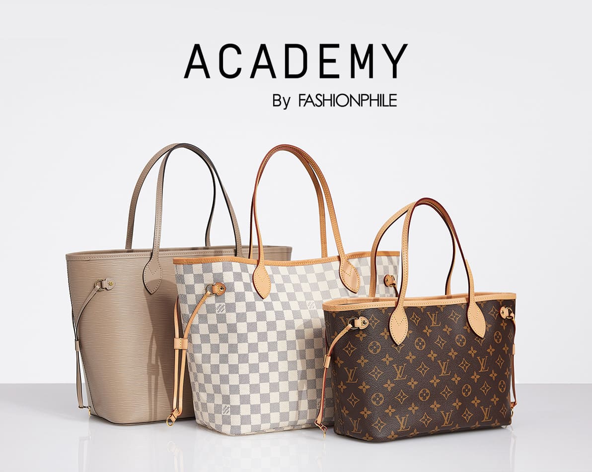 3 Neverfulls sitting next to each other; one Louis Vuitton epi Neverfull GM next to one Louis Vuitton Damier Azur Neverfull MM next to one Louis Vuitton monogram Neverfull PM