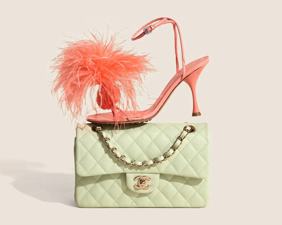 one light green Chanel small double flap bag and a pair of pink Bottega Veneta heeled sandals