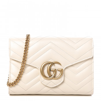 Gucci Calfskin Matelasse GG Marmont Chain Wallet Mystic White