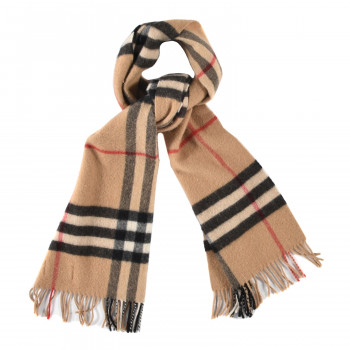 BURBERRY Cashmere Giant Check Fringe Scarf Camel