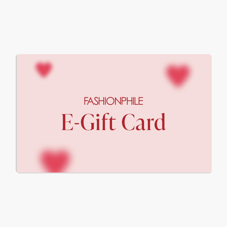 Pink gift card reading "FASHIONPHILE E-Gift Card" in red writing and faded hearts throughout