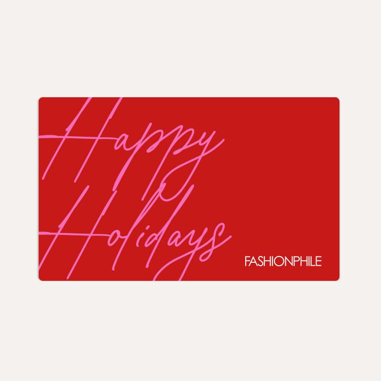 red gift card reading "Happy Holidays- FASHIONPHILE" in pink writing