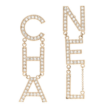  CHANEL Crystal Cha-Nel Logo Drop Earrings Gold