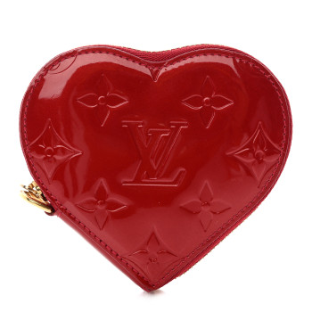 a red patent heart shaped Louis Vuitton Monogram pouch