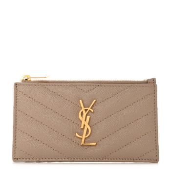 SAINT LAURENT Monogram Grain de Poudre 5 Fragments Zip Pouch Card Holder Dark Latte