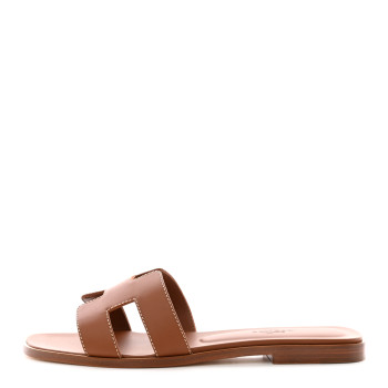 Hermes Box Calfskin Oran Sandals in Gold tan color