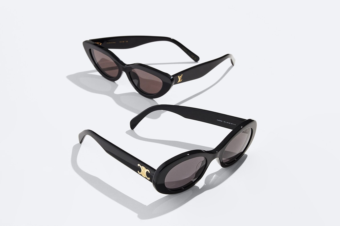 one pair of black Celine sunglasses sitting next to one pair of black Louis Vuitton sunglasses