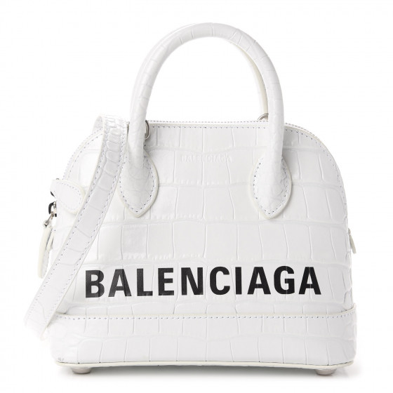 BALENCIAGA Calfskin Crocodile Embossed XXS Ville Top Handle Bag White Black