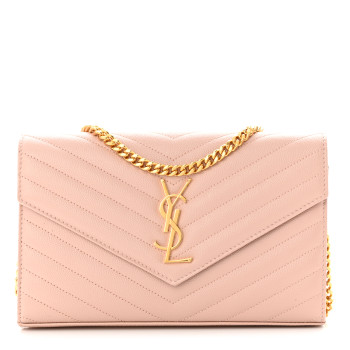 SAINT LAURENT Grain De Poudre Matelasse Chevron Cassandre Chain Wallet Pale Pink