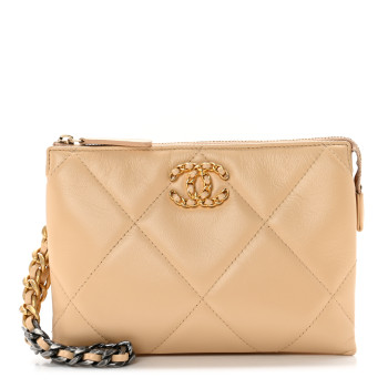 Chanel 19 zip pouch in beige with wristlet chain strap