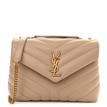 Saint Laurent Calfskin Y Quilted Monogram Small Loulou Chain Satchel Dark Beige