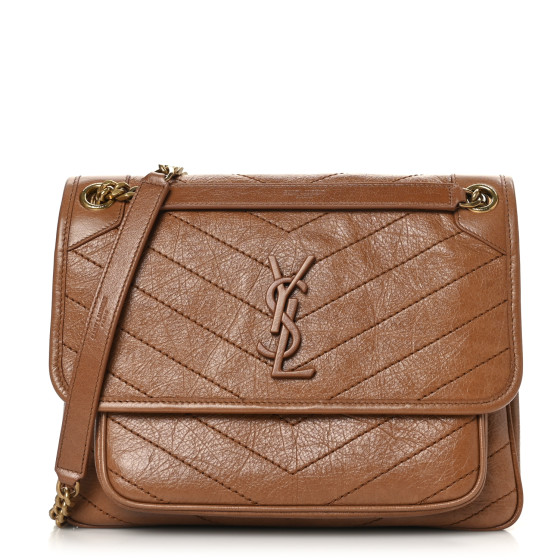 SAINT LAURENT Crinkled Calfskin Matelasse Monogram Medium Niki Chain Satchel Caramel