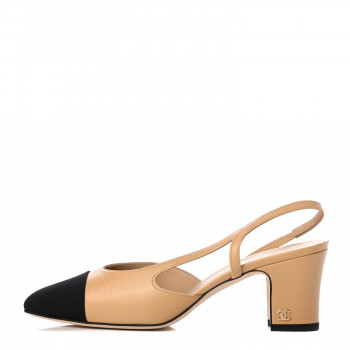 Chanel beige with black cap toe slingback heels