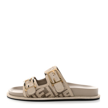 Fendi Chenille Fabric Jacquard Suede FF Womens Fendi Feel Buckled Slide Sandals in Tortora Nuvola Rock