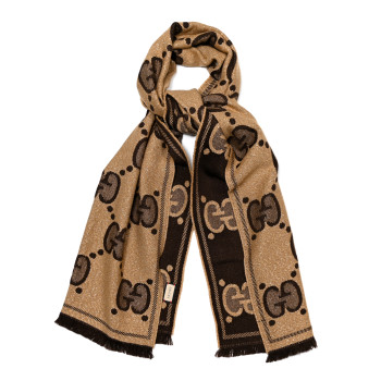 GUCCI Wool Polyamide Jacquard GG Monogram Scarf Beige Dark Brown