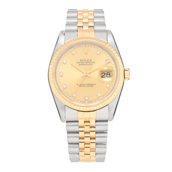 Rolex Stainless Steel 18K Yellow Gold Diamond 36mm Oyster Perpetual Datejust Watch Champagne