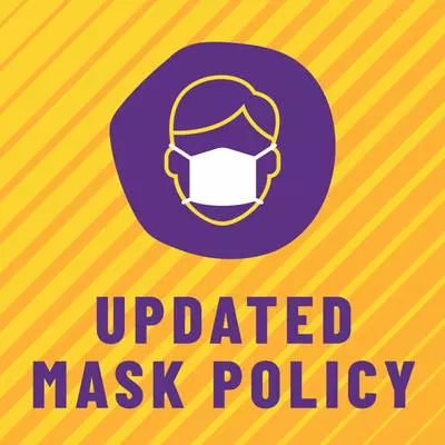 Updated Mask Policy!  Cartoon face with mask