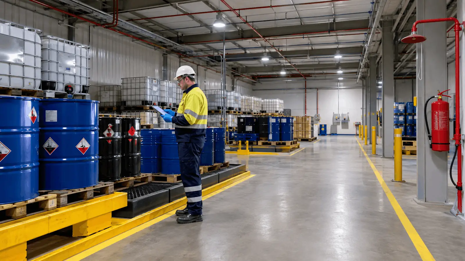 Industrial Warehouse Worker Inspecting Drums