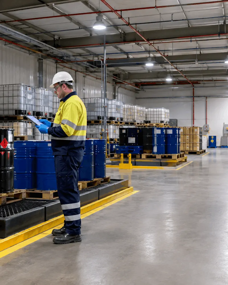 Industrial Warehouse Worker Inspecting Drums