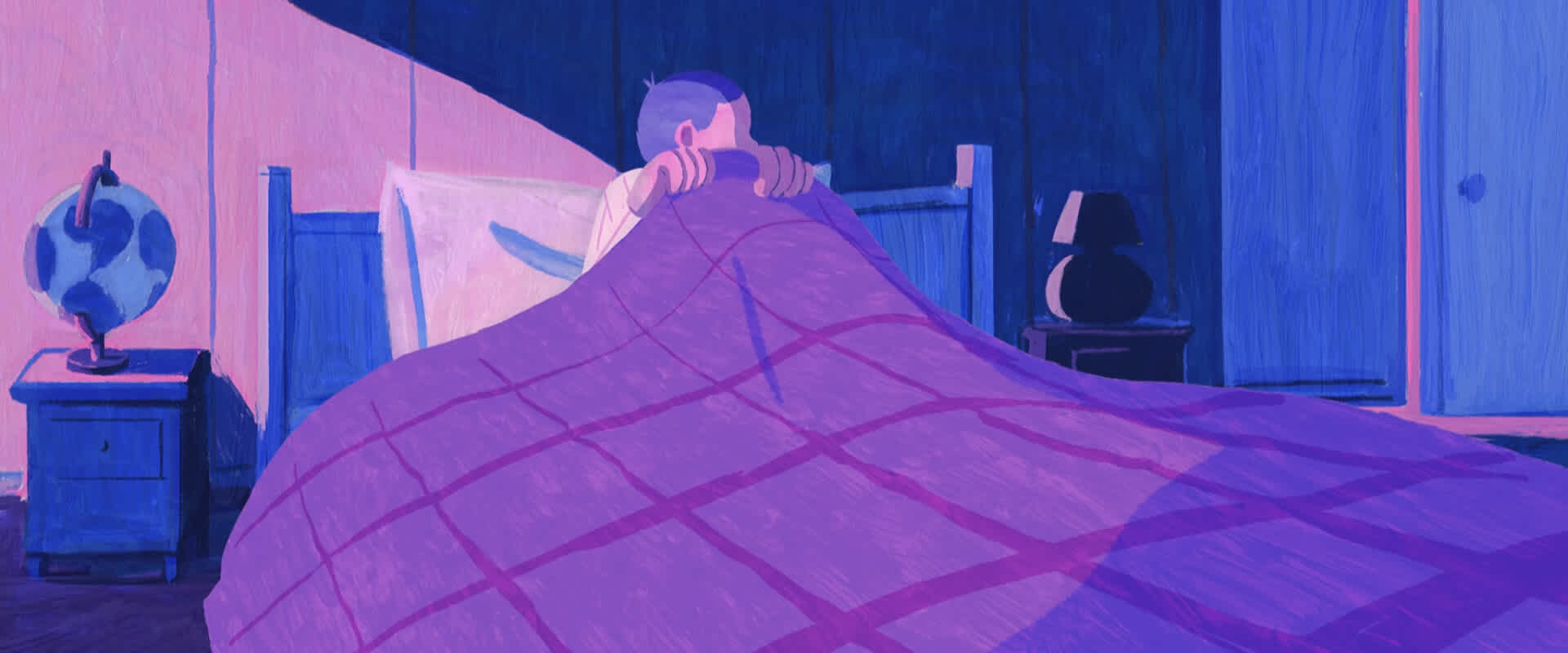 Illustration: a boy scared in his bed 