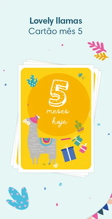 Cartões impressos para comemorar o aniversário de 5 meses do seu bebê! Decorados com motivos alegres, incluindo a adorável lhama e uma nota comemorativa: 5 meses hoje!