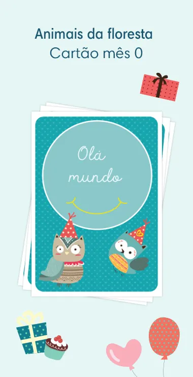Cartões impressos para comemorar o nascimento do seu bebê. Decorados com motivos alegres, incluindo duas corujas da floresta e uma nota comemorativa: Hello World!