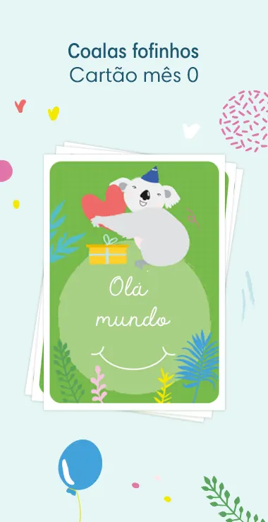 Cartões impressos para comemorar o nascimento do seu bebê. Decorados com motivos alegres, incluindo o fofo coala e uma nota comemorativa: Hello World!