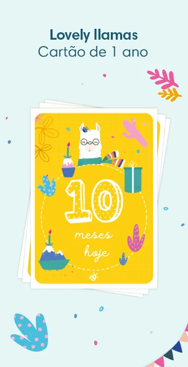 Cartões impressos para comemorar o aniversário de 10 meses do seu bebê. Decorados com motivos alegres, incluindo a adorável lhama e uma nota comemorativa: 10 meses hoje!