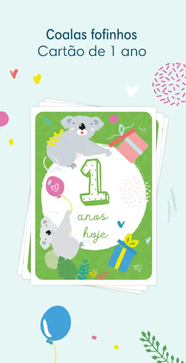 Cartões impressos para comemorar o primeiro aniversário do seu bebê. Decorados com motivos alegres, incluindo o fofo coala e uma nota comemorativa: 1 ano de idade hoje!