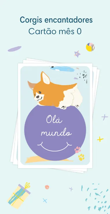 Cartões impressos para comemorar o nascimento do seu bebê. Decorados com motivos alegres, incluindo o charmoso corgi e uma nota comemorativa: Hello World!