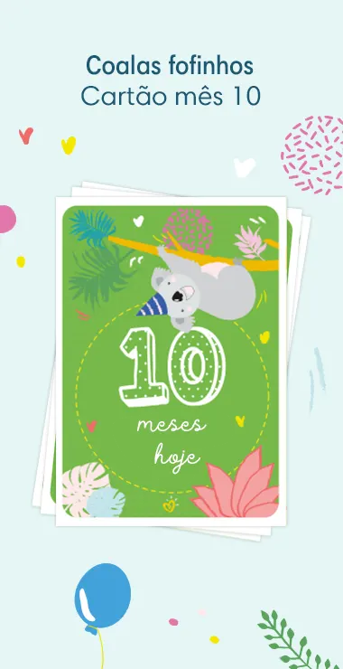 Cartões impressos para comemorar o aniversário de 10 meses do seu bebê. Decorados com motivos alegres, incluindo o coala fofinho e uma nota comemorativa: 10 meses hoje!