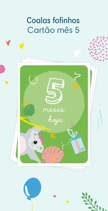 Cartões impressos para comemorar o aniversário de 5 meses do seu bebê! Decorados com motivos alegres, incluindo o fofo coala e uma nota comemorativa: 5 meses hoje!
