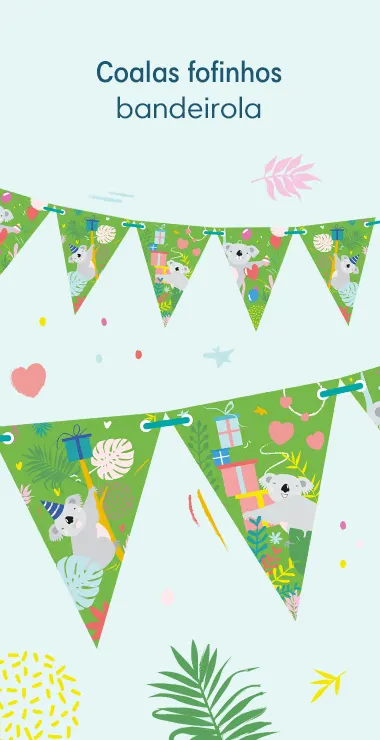 Nossos banners de flâmula são decorados com ilustrações e motivos divertidos, com um fundo verde brilhante, plantas coloridas, presentes, balões e o coala fofinho!
