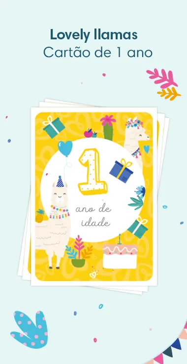 Cartões impressos para comemorar o primeiro aniversário do seu bebê. Decorados com motivos alegres, incluindo a adorável lhama e uma nota comemorativa: 1 ano de idade hoje!
