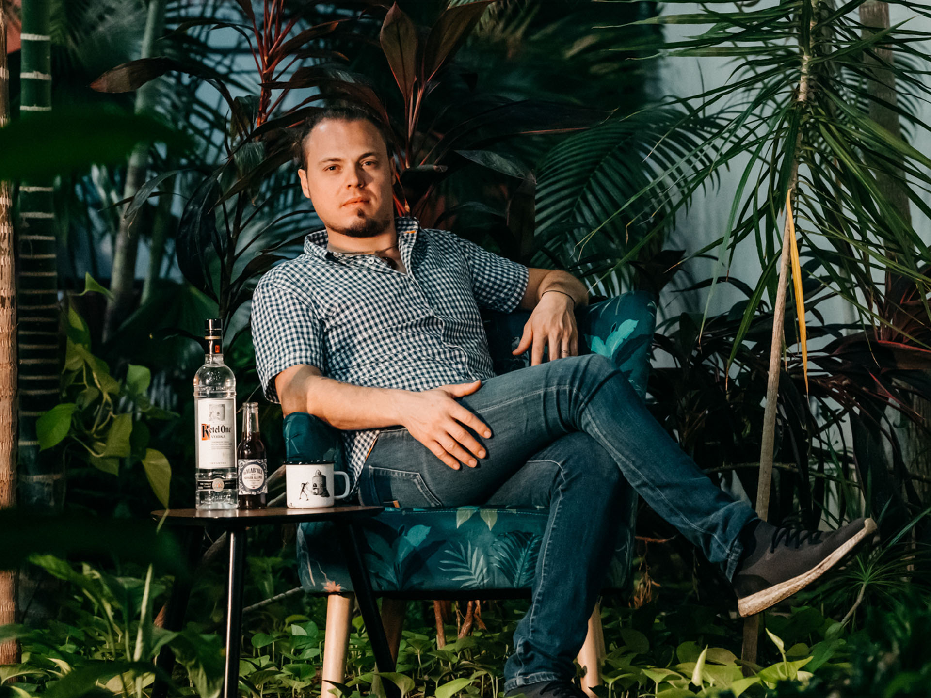 Guillaume Leblanc sitting in a bar with Ketel One Vodka and a cocktail