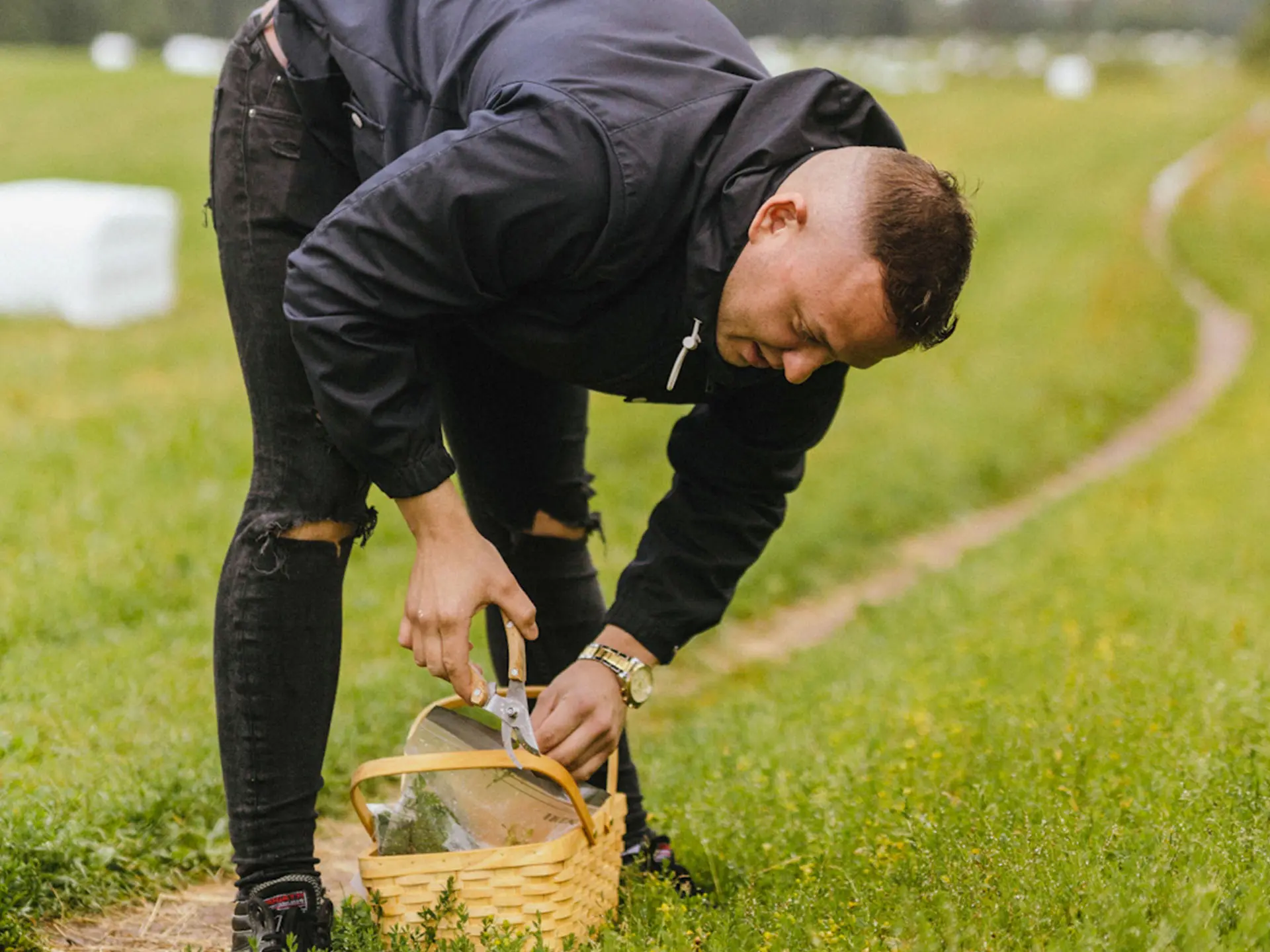 Adrián Michalčík tenant un panier dans un champ et coupant des plantes