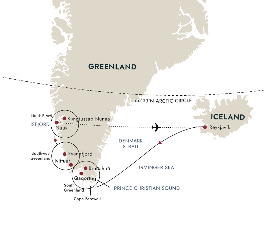 South Greenland expedition – In the wake of Erik the Red Itinerary Map