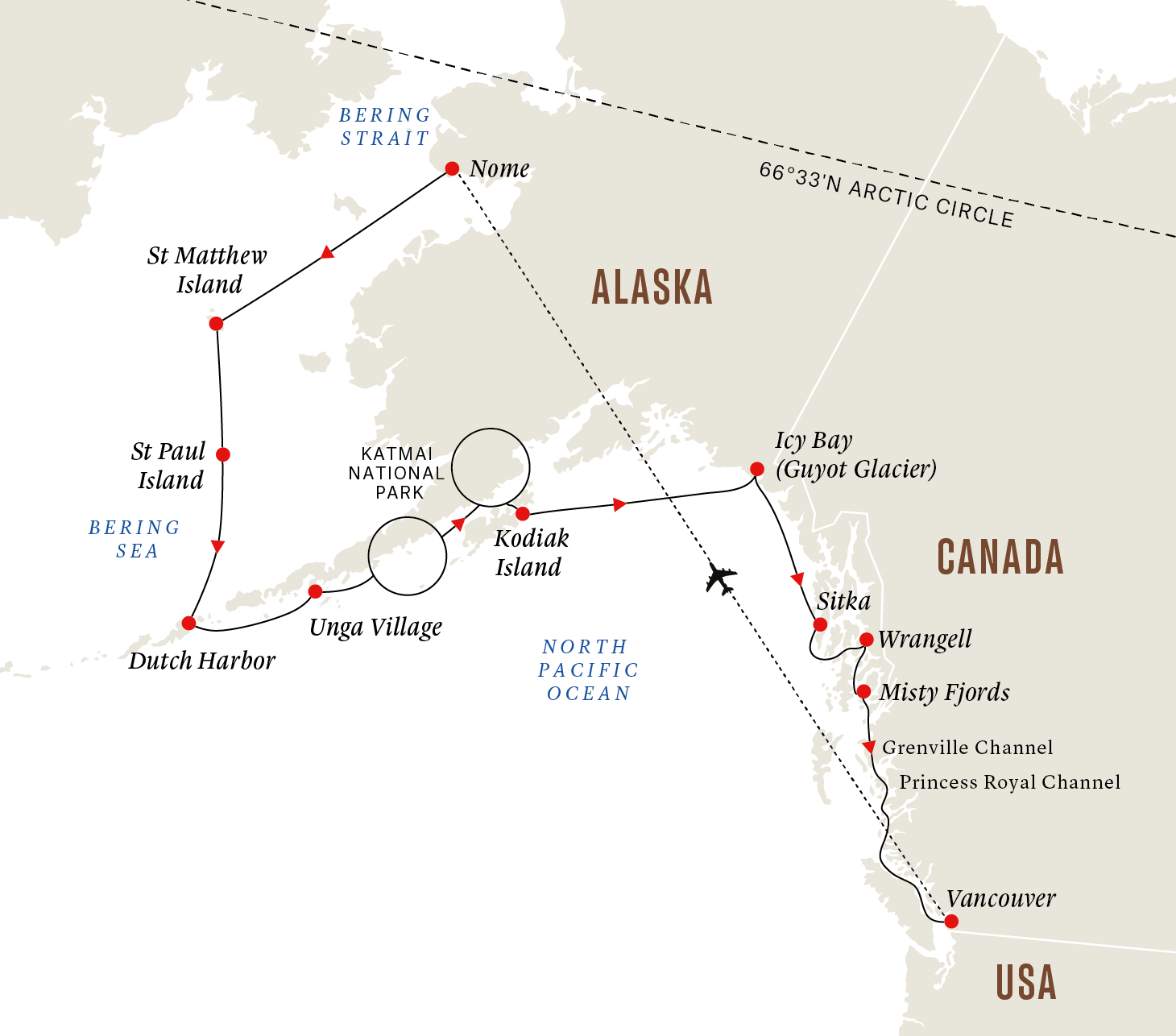 Inside Passage, Bears & Aleutian Islands | Southbound Itinerary Map