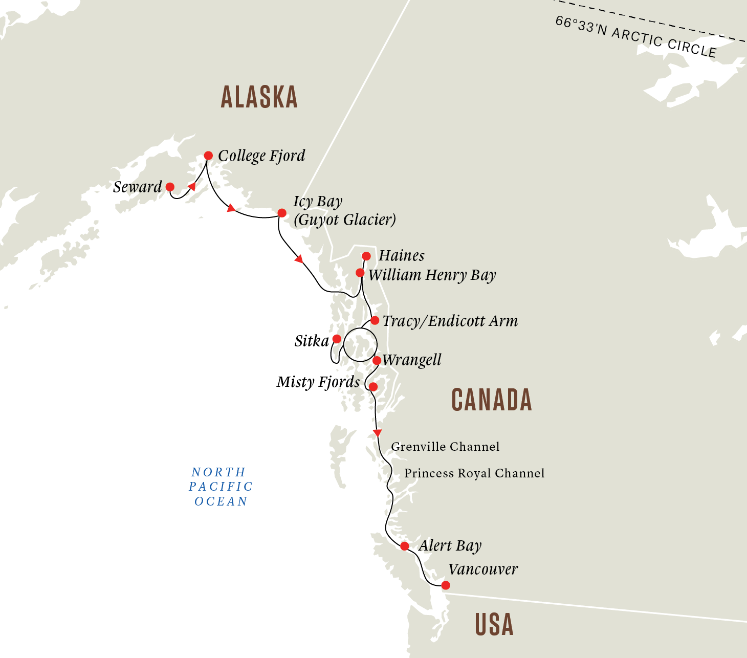 Wilderness, Glaciers and Culture | Southbound Itinerary Map