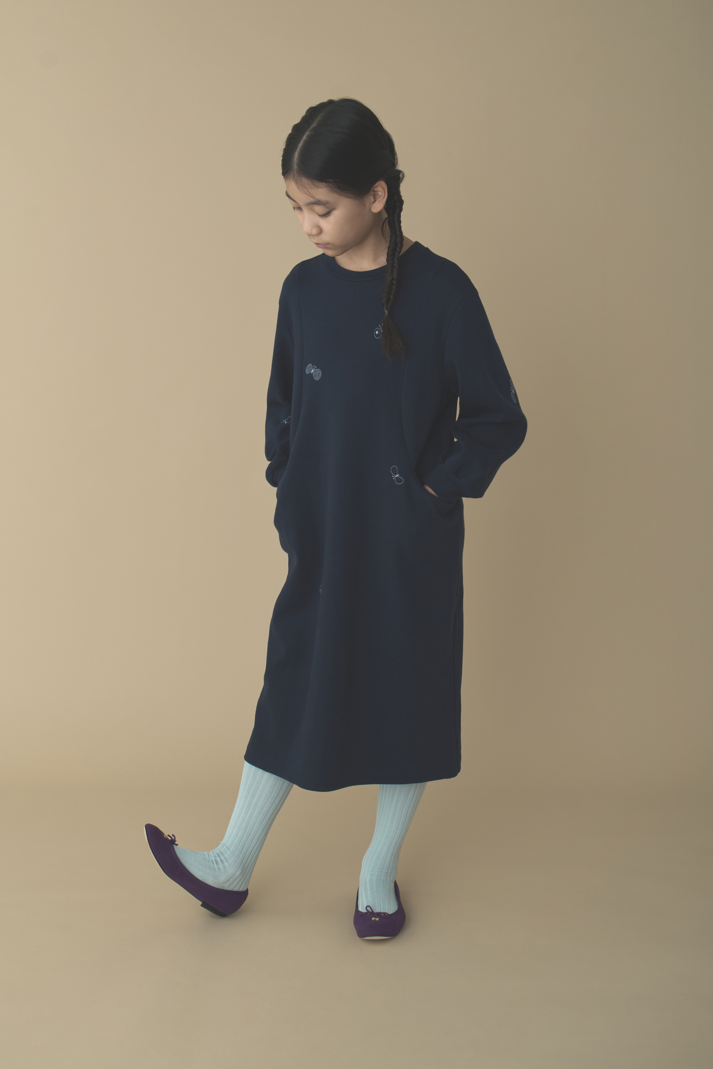 ミナペルホネン　choucho ワンピース　コクーン　刺繍　ゆったり　ブルー ミナペルホネン choucho ワンピース コクーン 刺繍 ゆったり