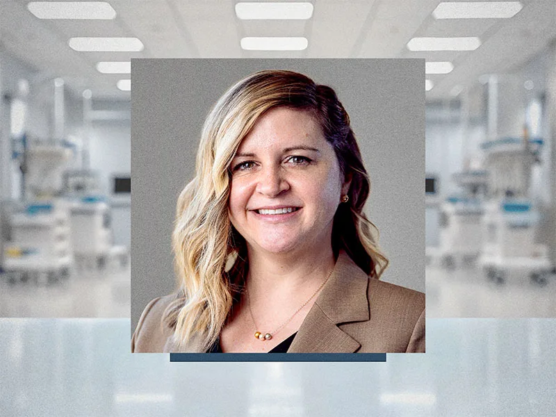 Scarlett Miller headshot overlayed on a medical laboratory
