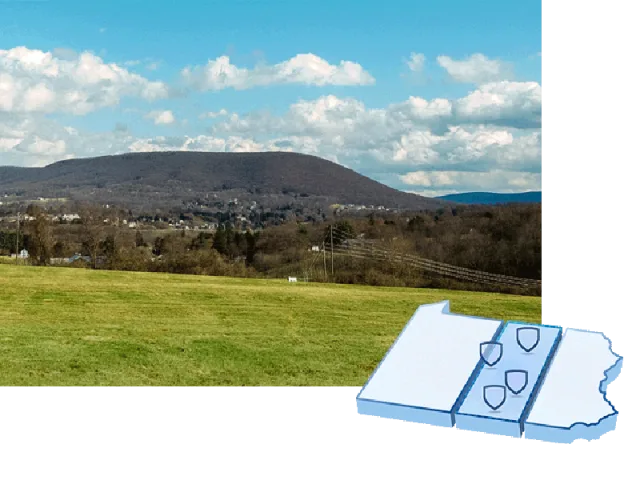 A collage of a map of Pennsylvania and a photo of Mt. Nittany