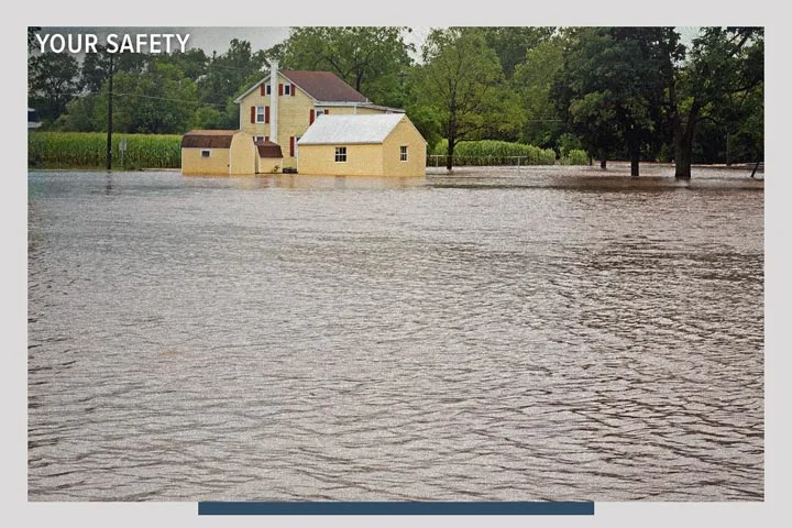 A house, shed, and garage flooding in the distance. There is an overlay that says 'Your Safety'