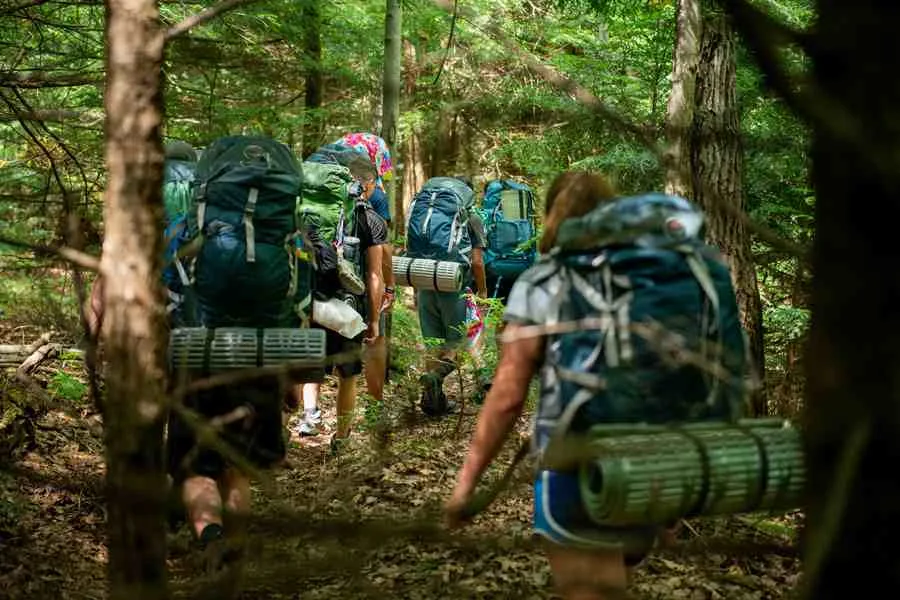 Students hiking in the woods with backpacks