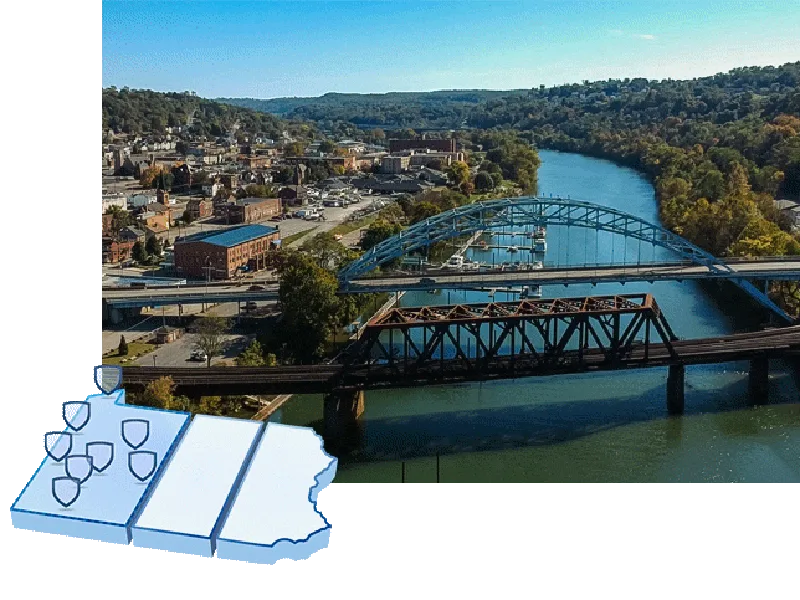 A collage of a map of Pennsylvania and an aerial shot of McKeesport, PA